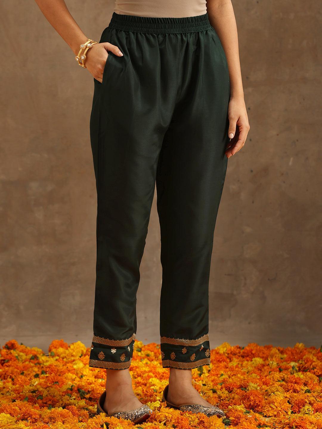 Green Woven Design Silk Blend Straight Suit Set With Trousers - ShopLibas