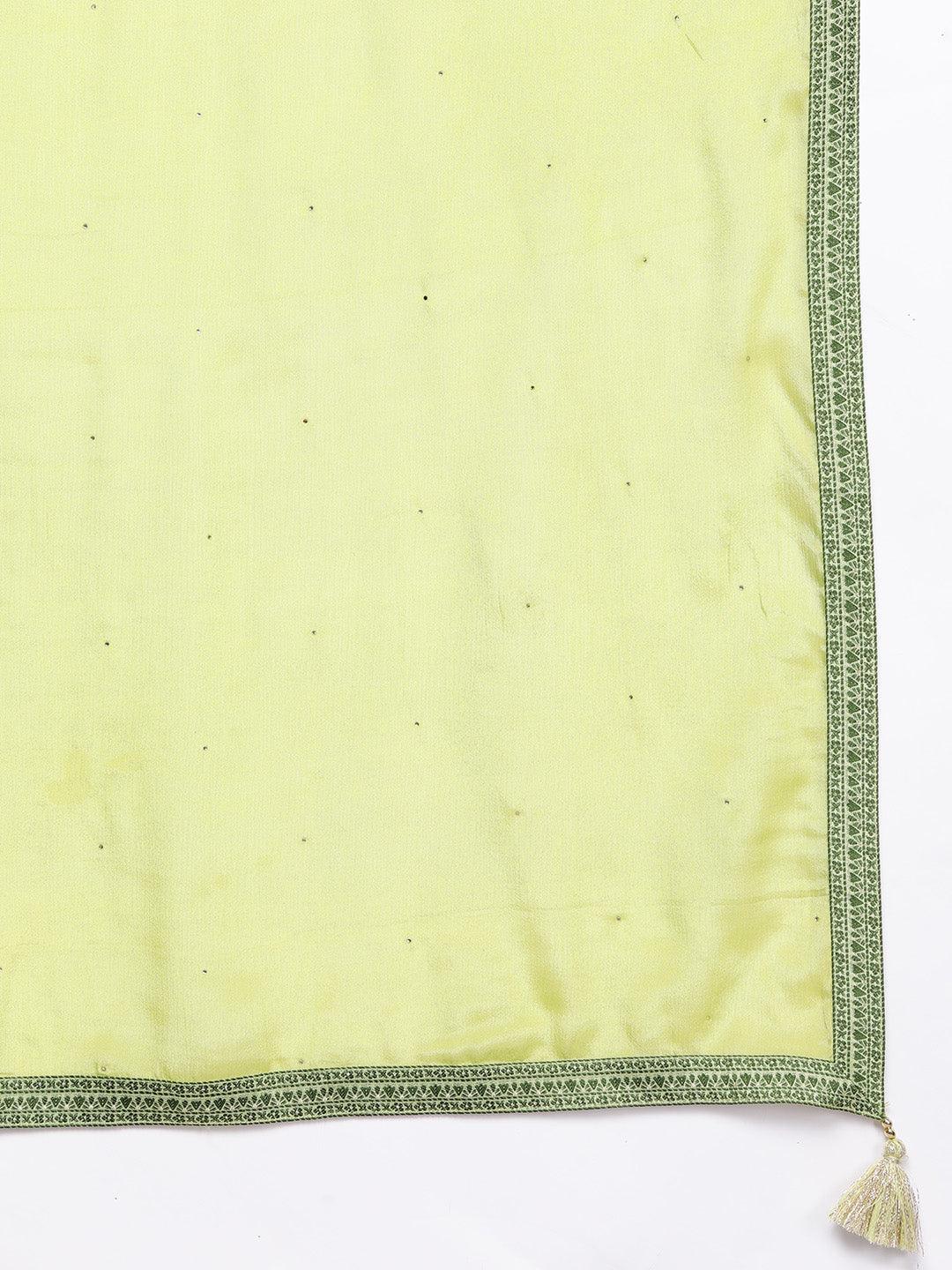 Green Woven Design Silk Blend Straight Kurta With Trousers & Dupatta - Libas