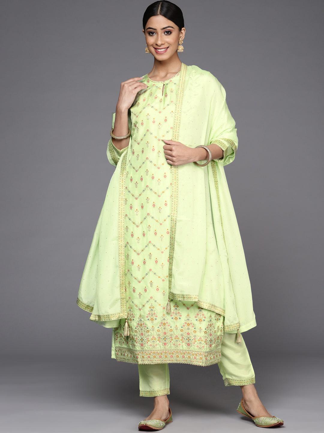 Green Woven Design Silk Suit Set - ShopLibas