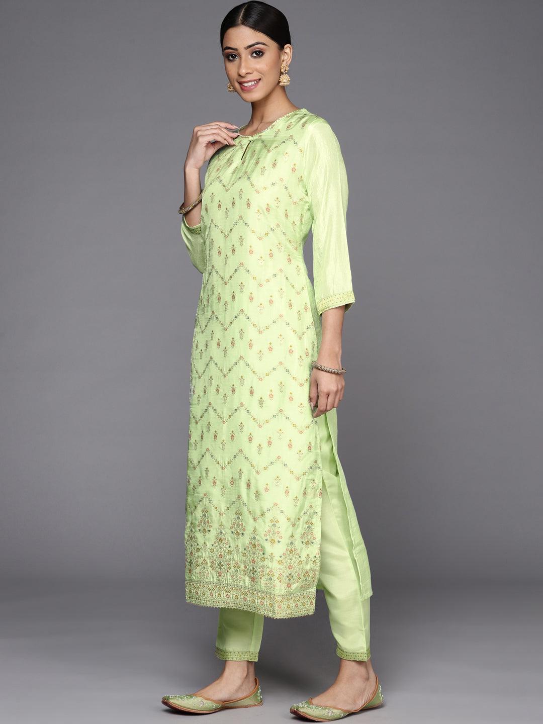 Green Woven Design Silk Suit Set - ShopLibas