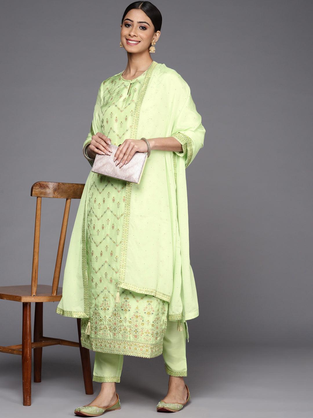 Green Woven Design Silk Suit Set