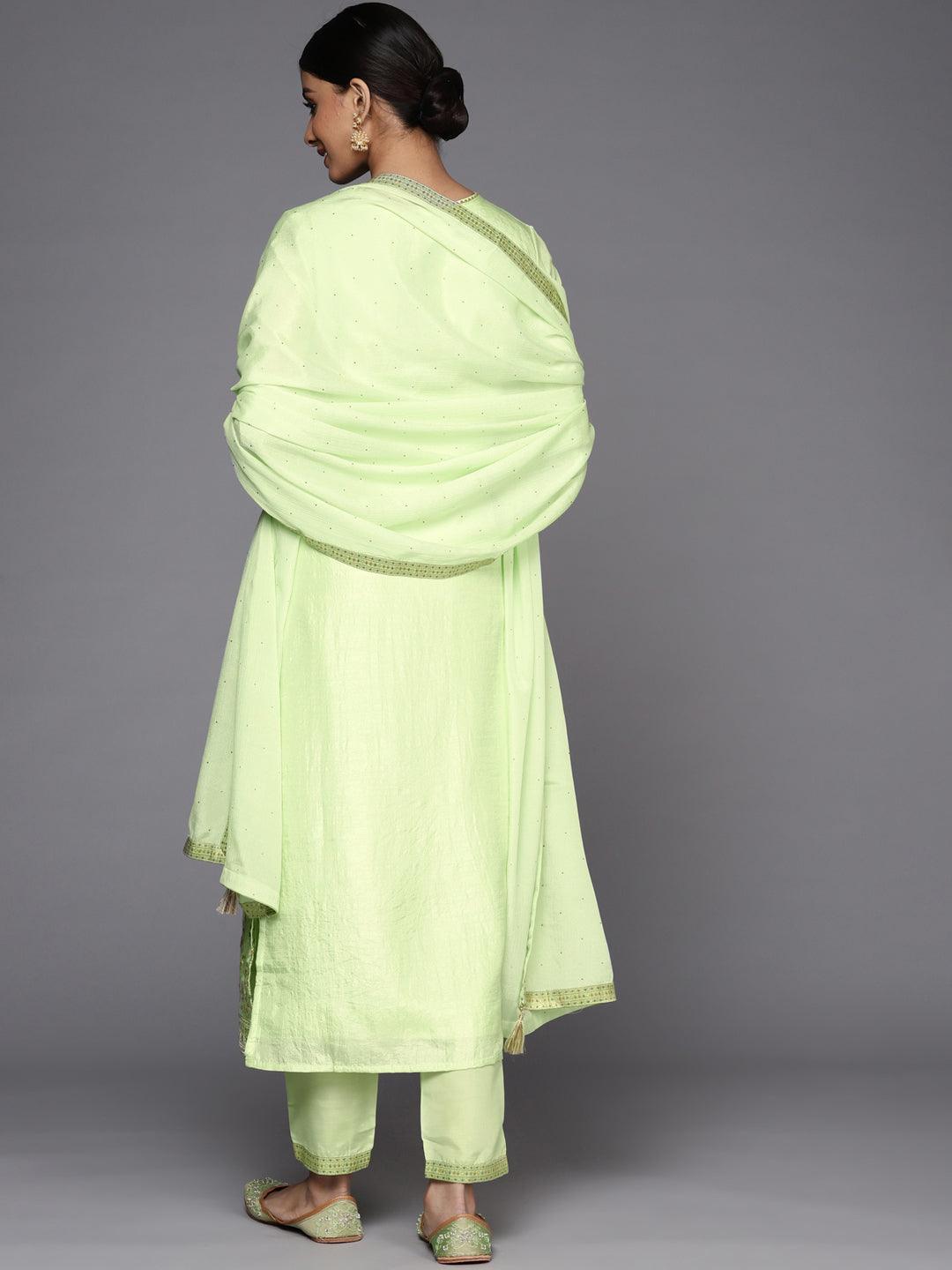 Green Woven Design Silk Suit Set - ShopLibas