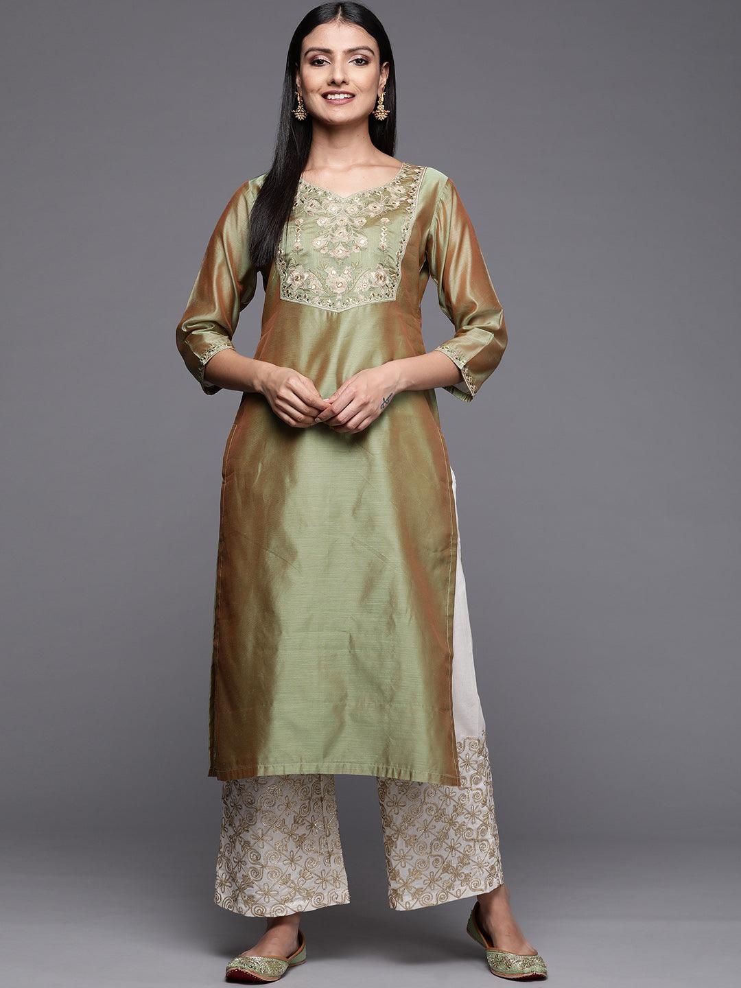 Green Yoke Design Chanderi Cotton Straight Kurta - Libas