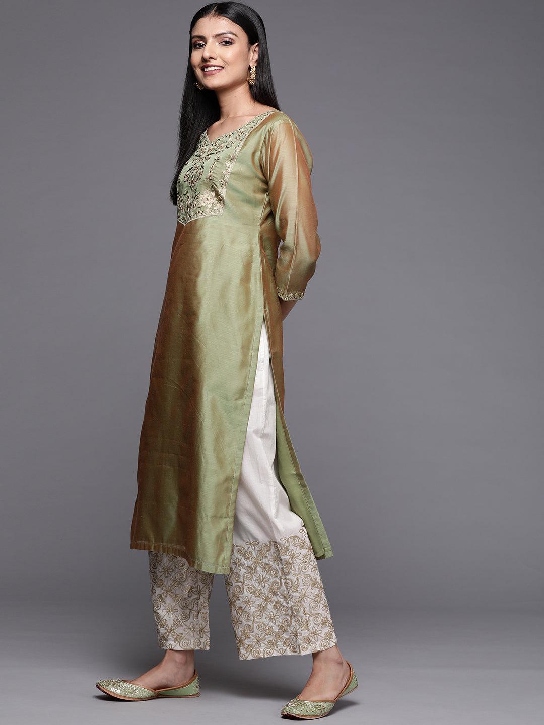 Green Yoke Design Chanderi Cotton Straight Kurta