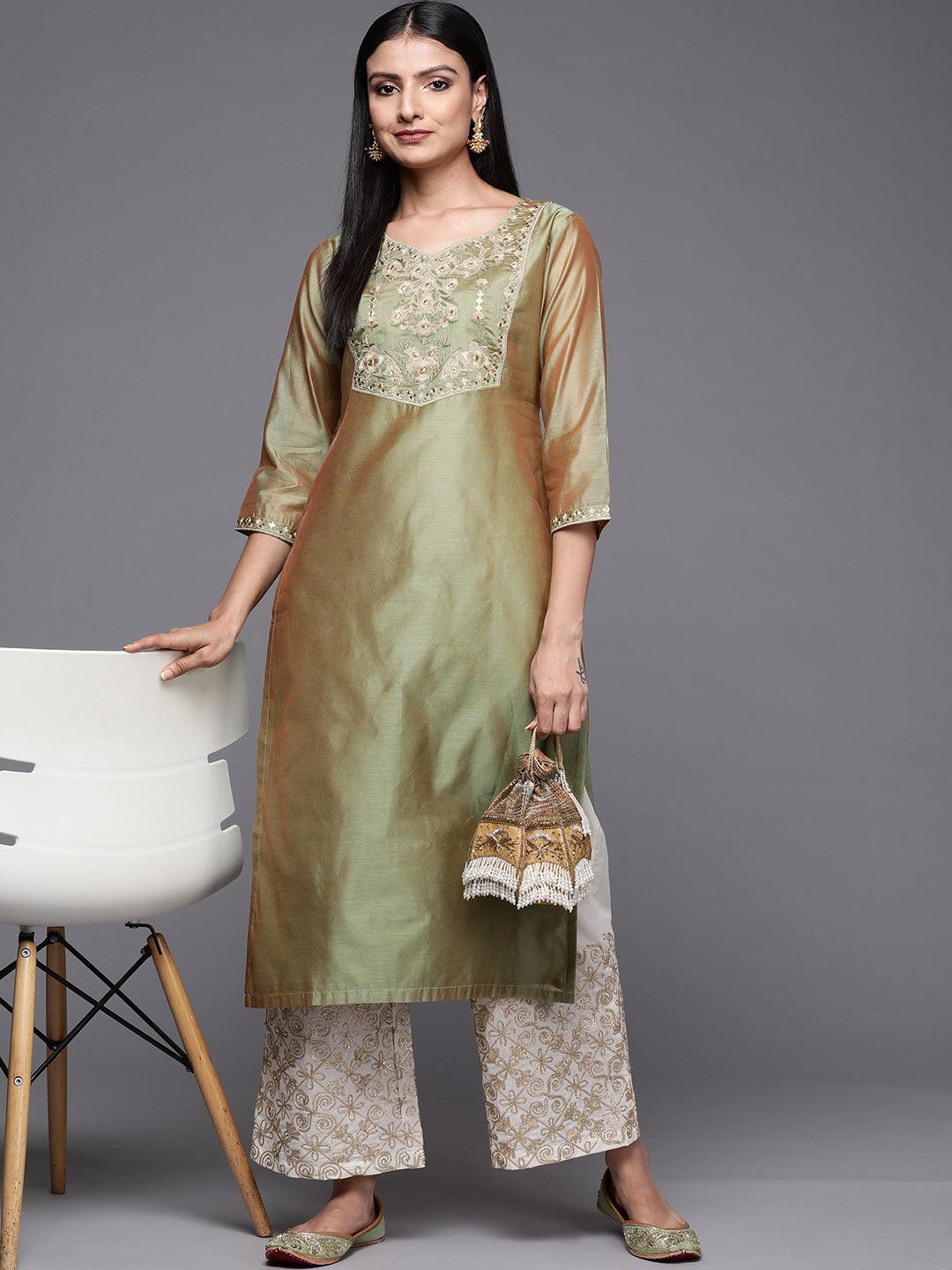 Green Yoke Design Chanderi Cotton Straight Kurta - Libas