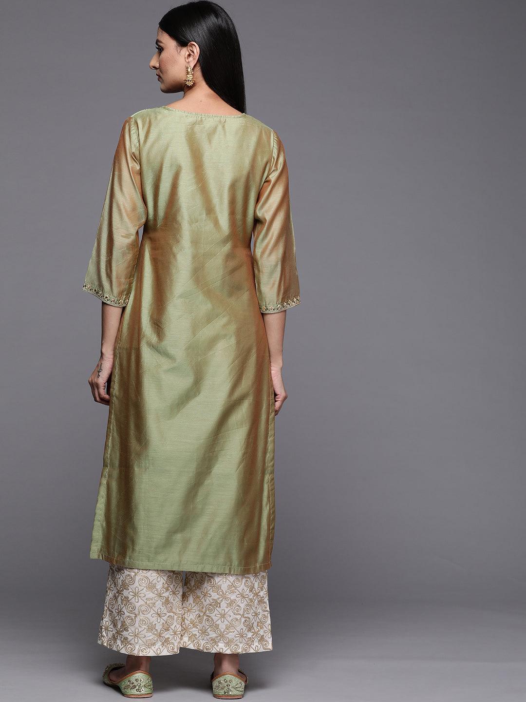 Green Yoke Design Chanderi Cotton Straight Kurta