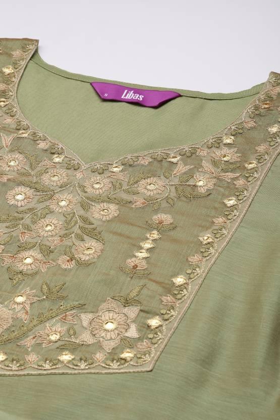 Green Yoke Design Chanderi Cotton Straight Kurta - Libas