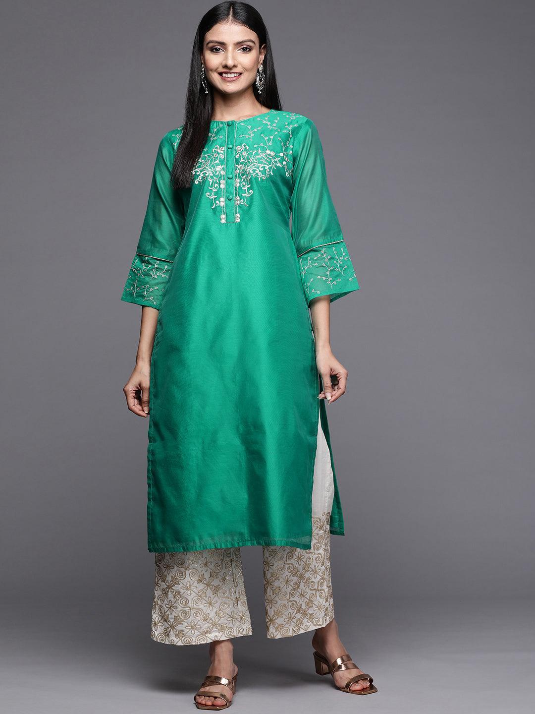 Green Yoke Design Chanderi Silk Straight Kurta