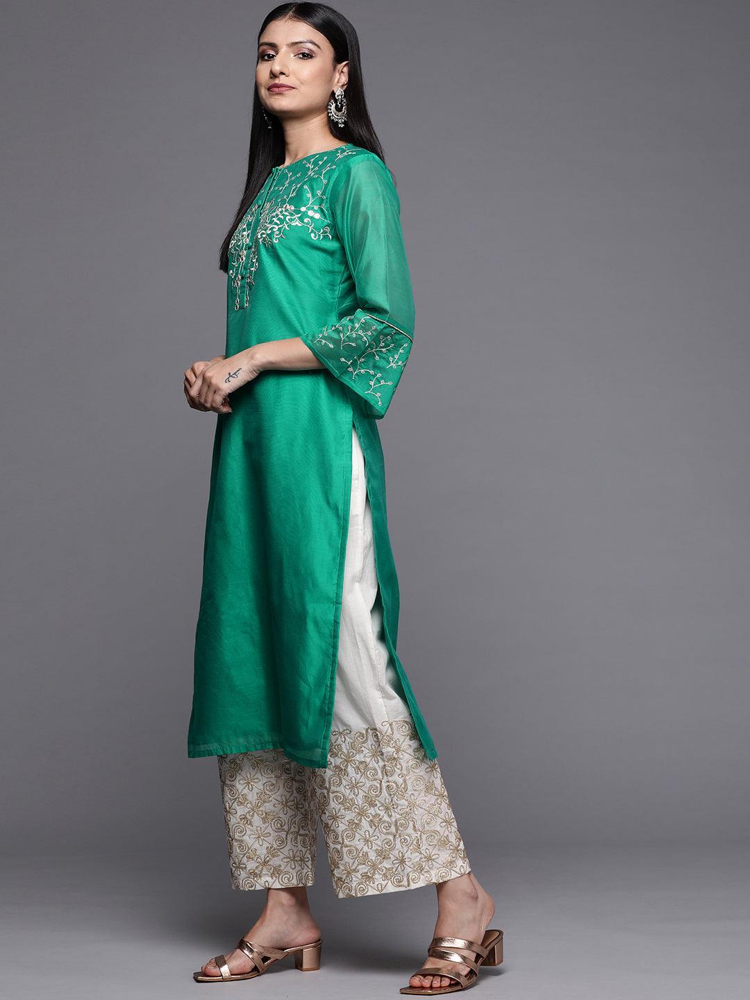 Green Yoke Design Chanderi Silk Straight Kurta