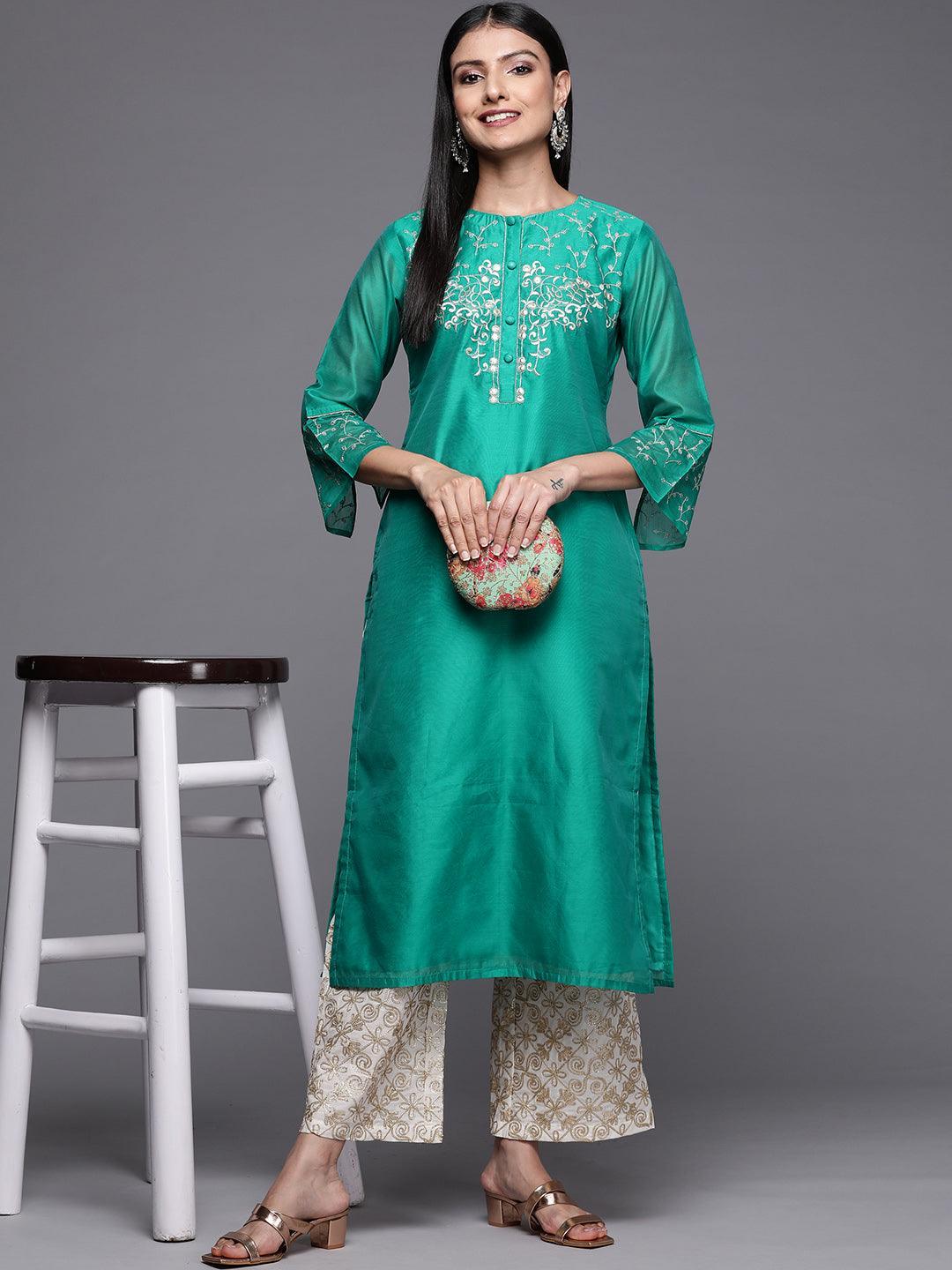 Green Yoke Design Chanderi Silk Straight Kurta