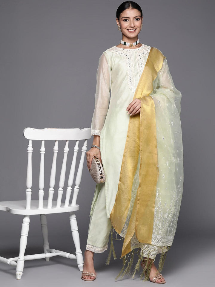 Green Yoke Design Chanderi Silk Straight Suit Set - ShopLibas