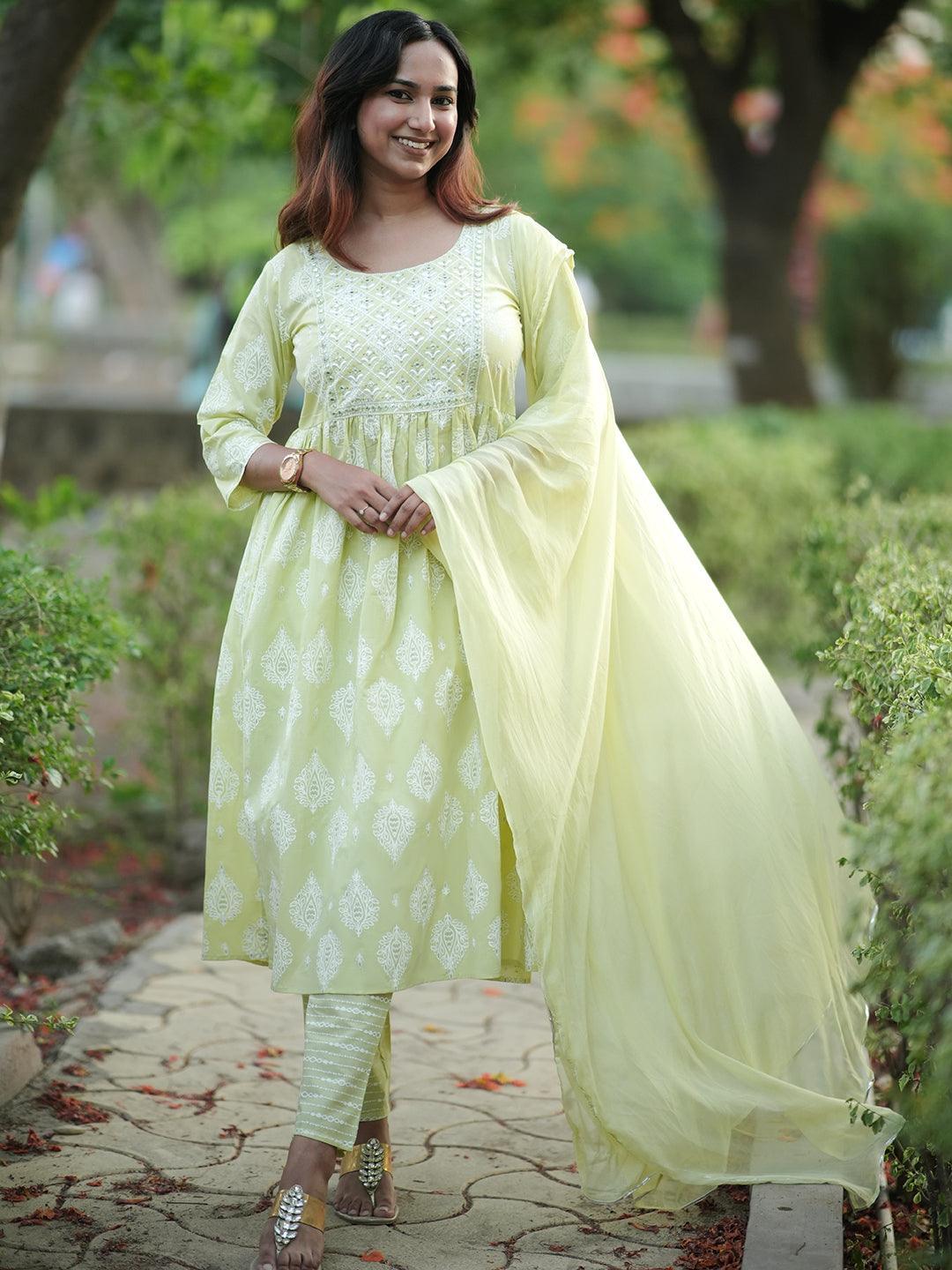 Green Yoke Design Cotton A-Line Kurta With Trousers & Dupatta