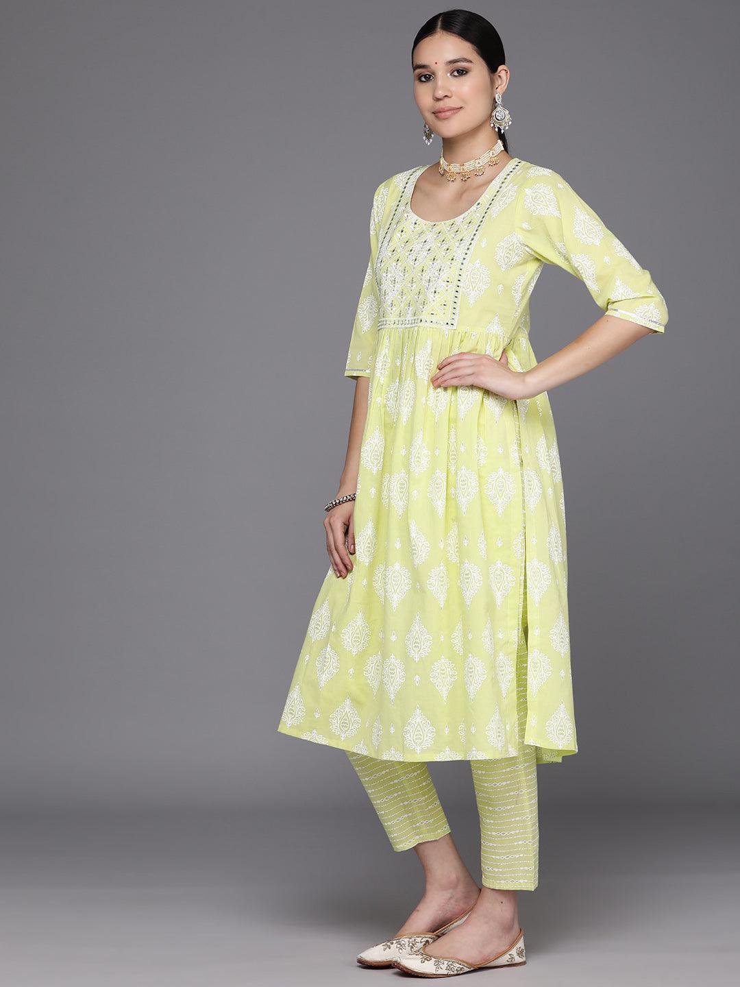 Green Yoke Design Cotton A-Line Kurta With Trousers & Dupatta