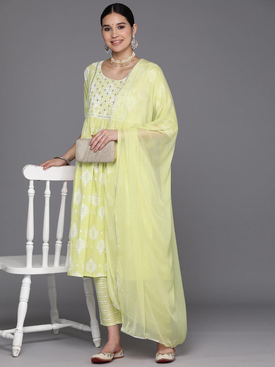 Green Yoke Design Cotton A-Line Kurta With Trousers & Dupatta