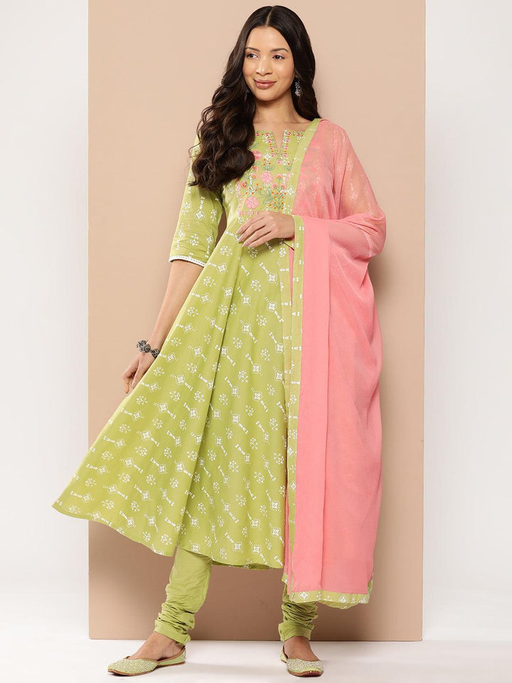 Green Yoke Design Cotton Anarkali Kurta With Churidar & Dupatta - Libas