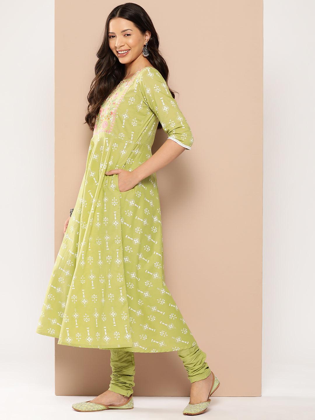 Green Yoke Design Cotton Anarkali Kurta With Churidar & Dupatta