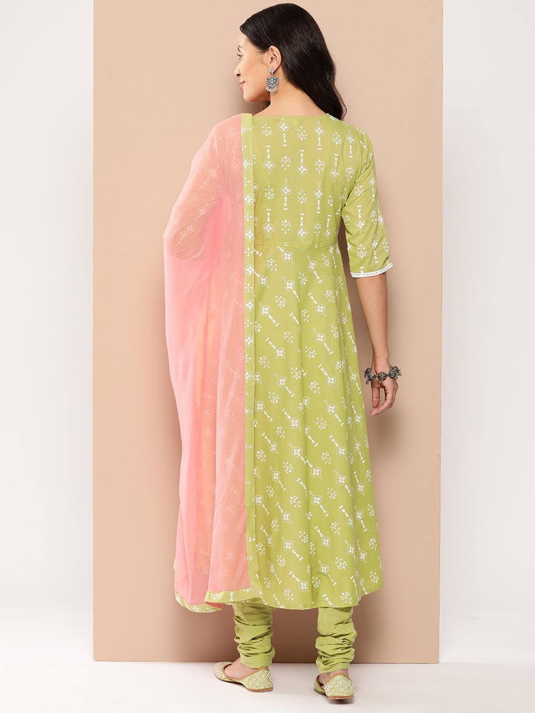 Green Yoke Design Cotton Anarkali Kurta With Churidar & Dupatta