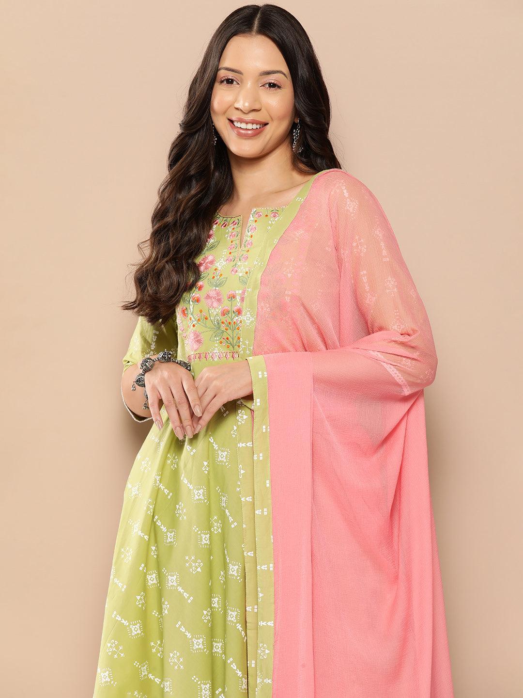 Green Yoke Design Cotton Anarkali Kurta With Churidar & Dupatta