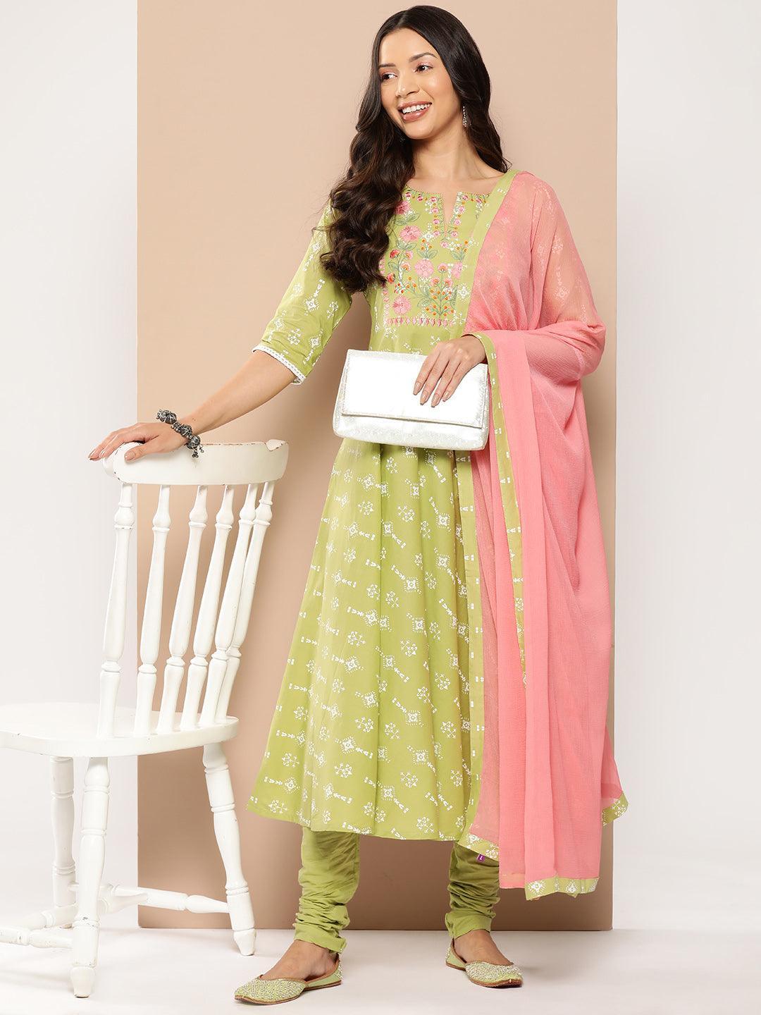 Green Yoke Design Cotton Anarkali Kurta With Churidar & Dupatta