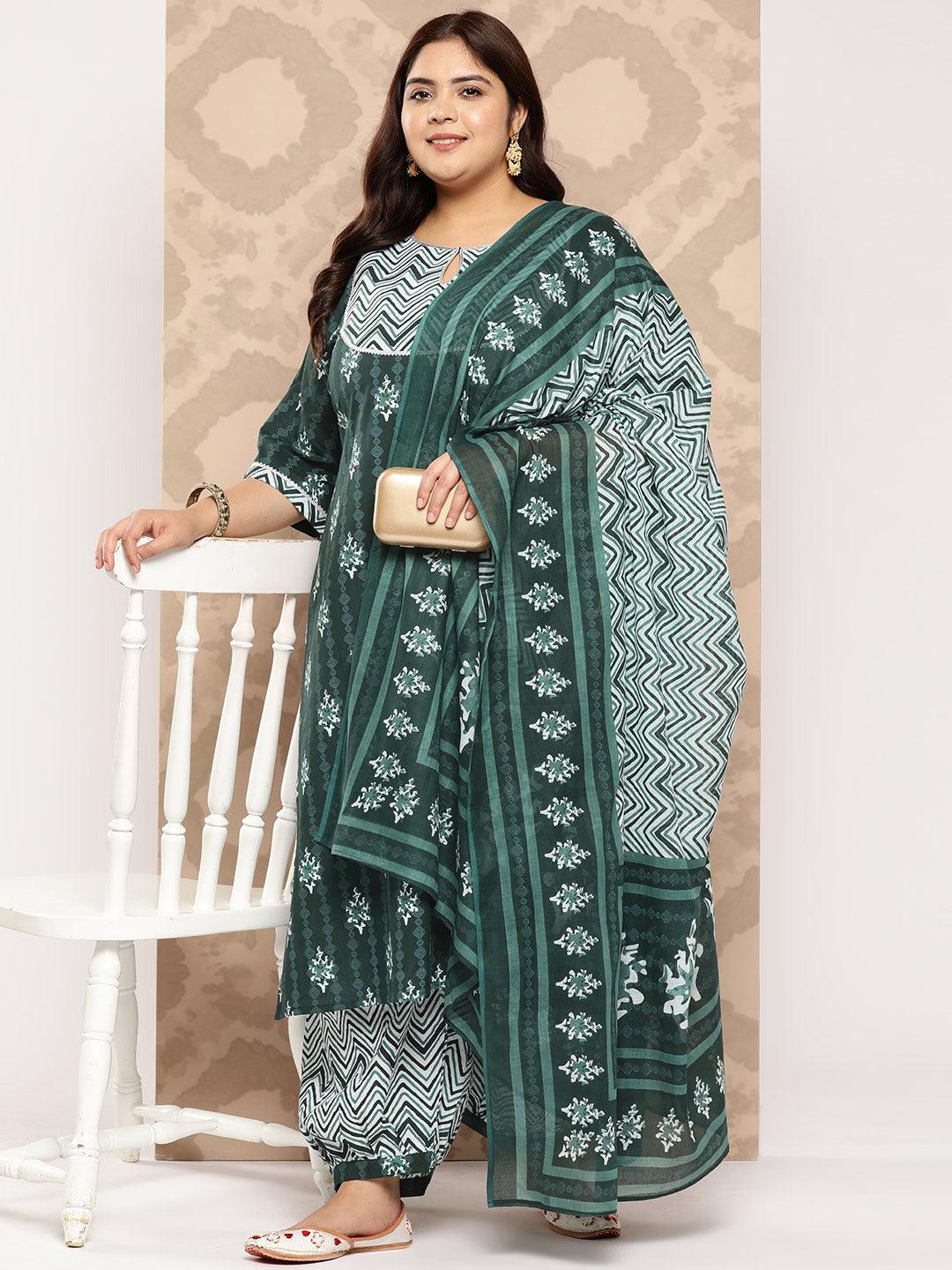 Green Yoke Design Cotton Straight Kurta With Salwar and Dupatta - Libas