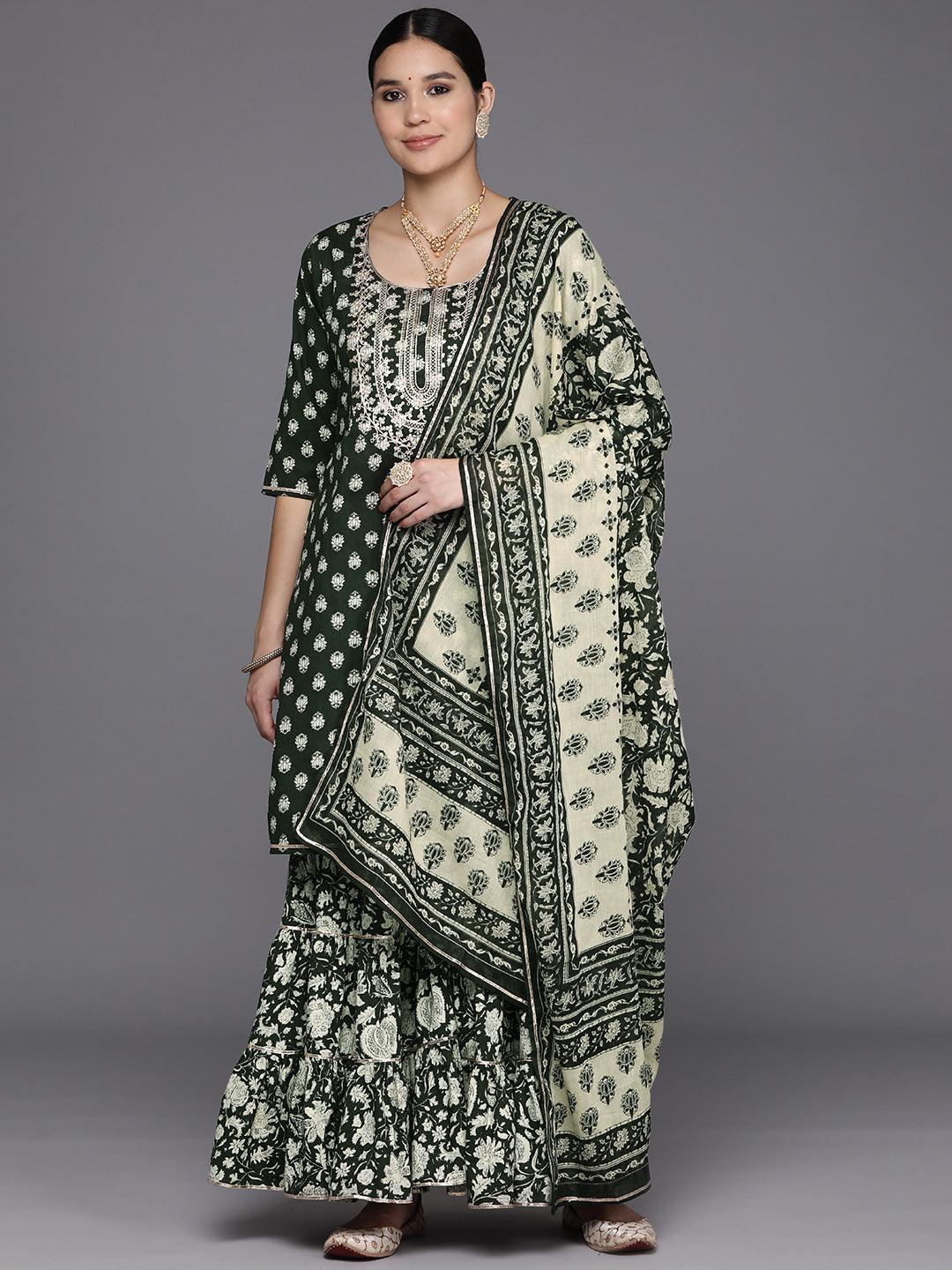 Green Yoke Design Cotton Straight Kurta With Sharara & Dupatta