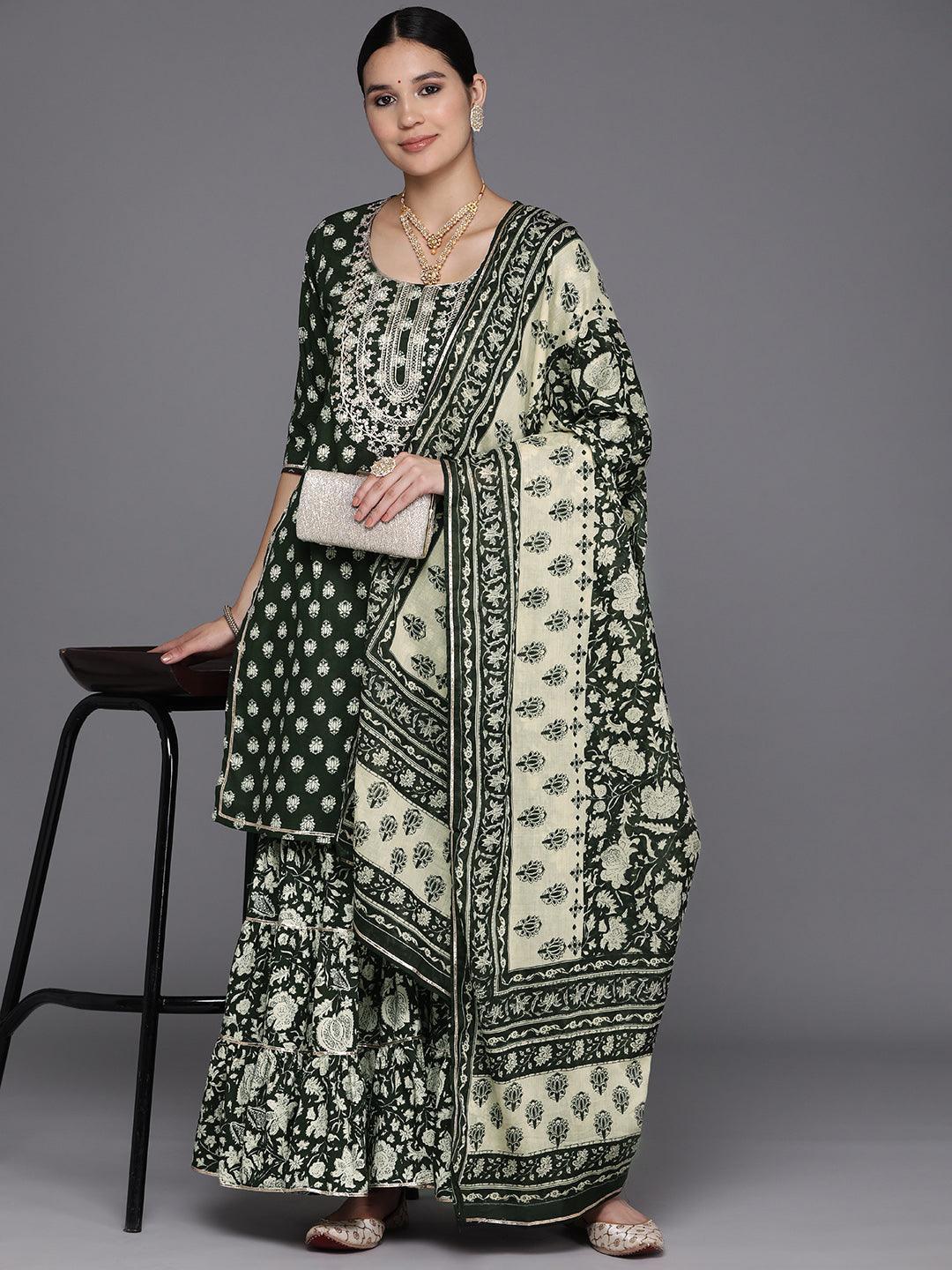 Green Yoke Design Cotton Straight Kurta With Sharara & Dupatta