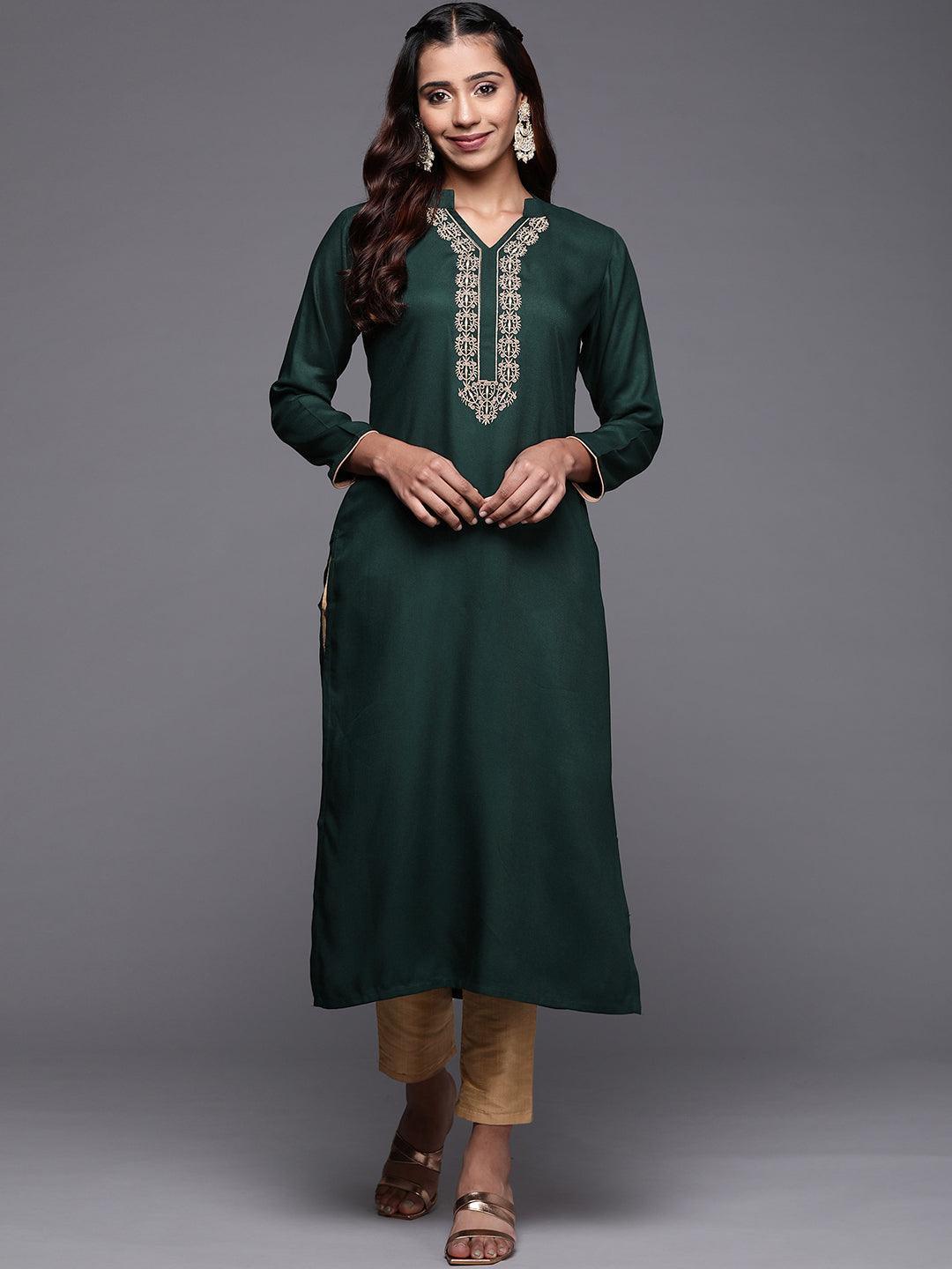 Green Yoke Design Pashmina Wool Straight Kurta