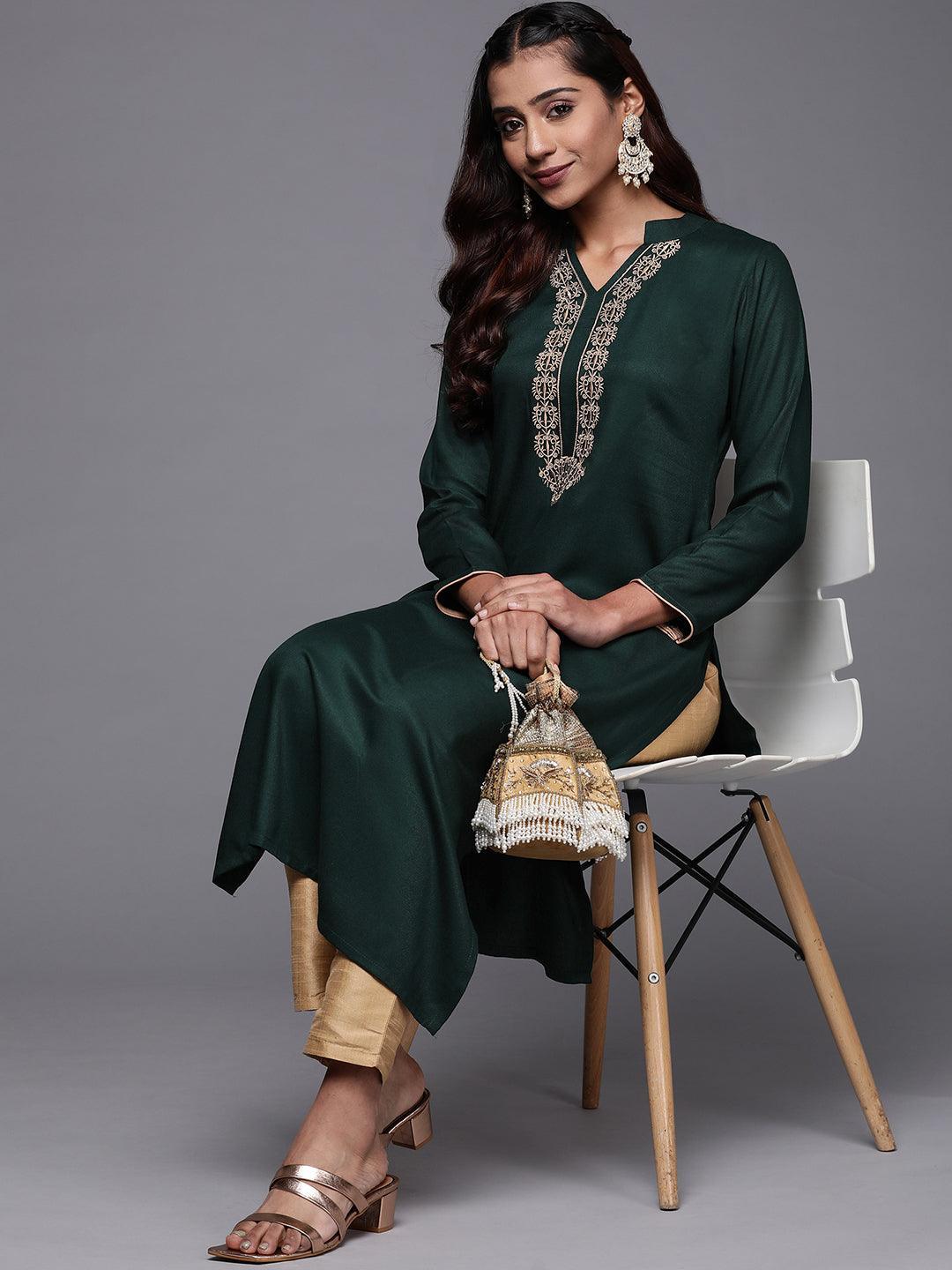 Green Yoke Design Pashmina Wool Straight Kurta - Libas