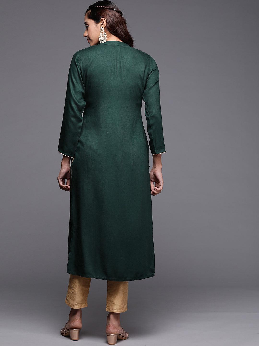 Green Yoke Design Pashmina Wool Straight Kurta - Libas