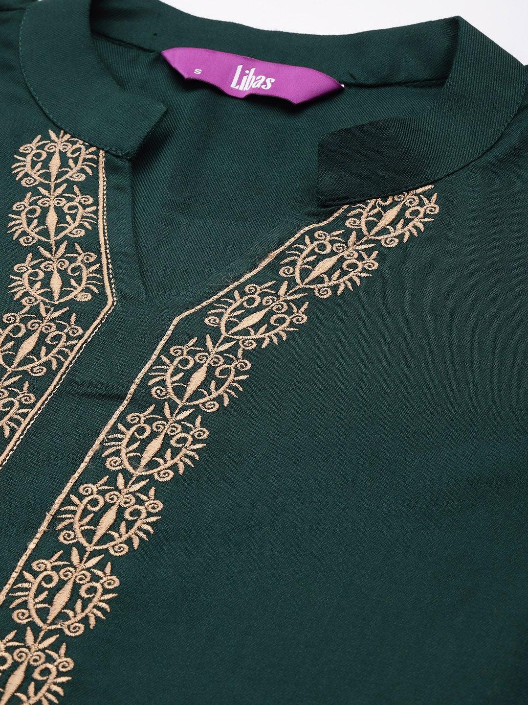 Green Yoke Design Pashmina Wool Straight Kurta