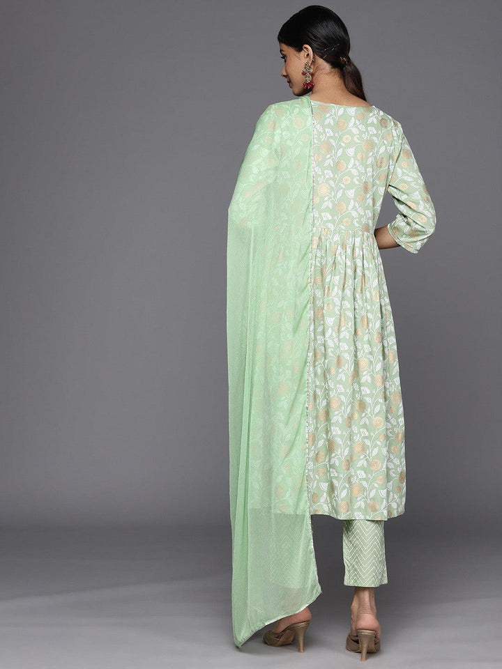 Green Yoke Design Rayon A-Line Suit Set With Trousers - ShopLibas