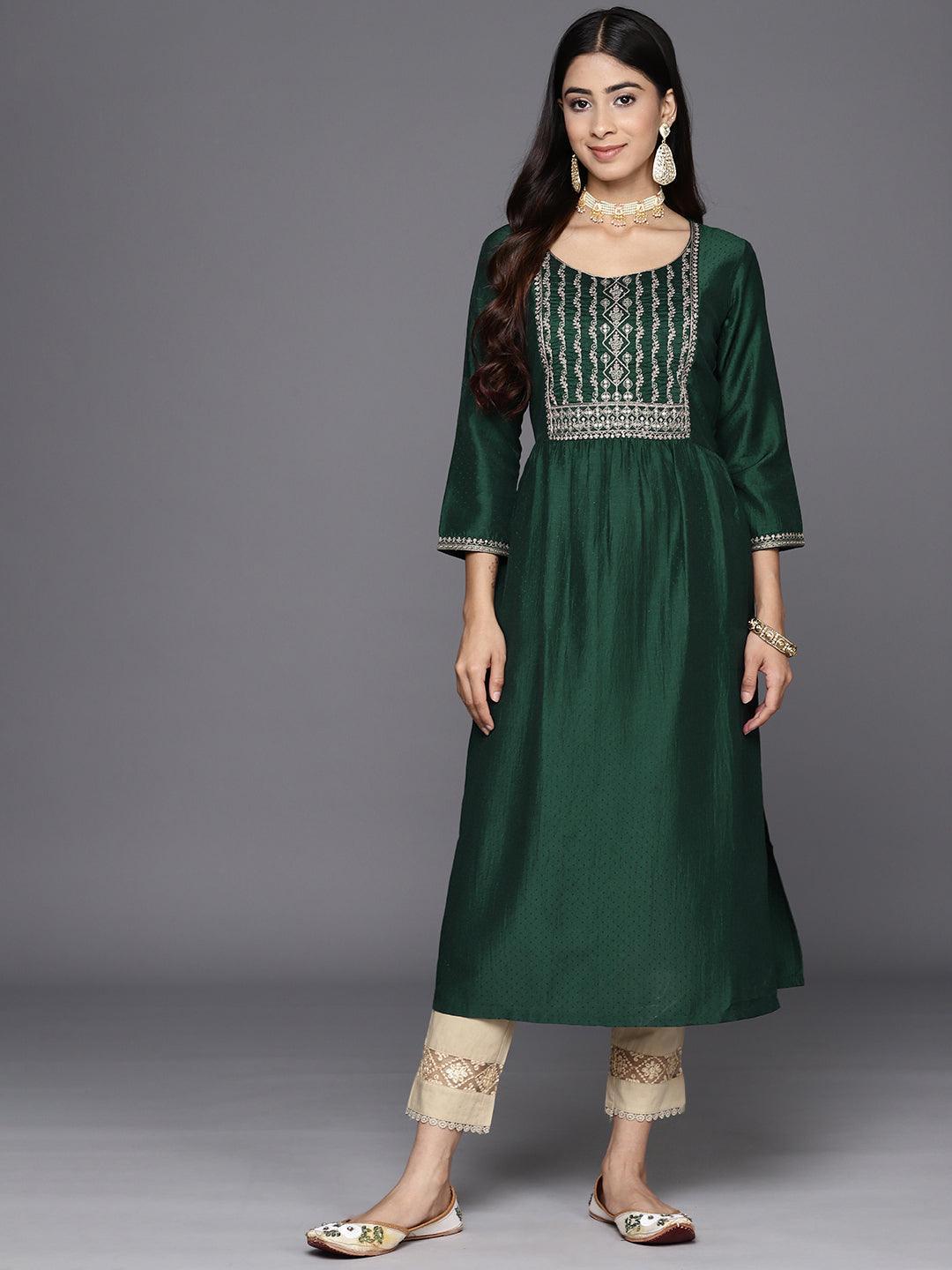 Green Yoke Design Silk A-Line Kurta