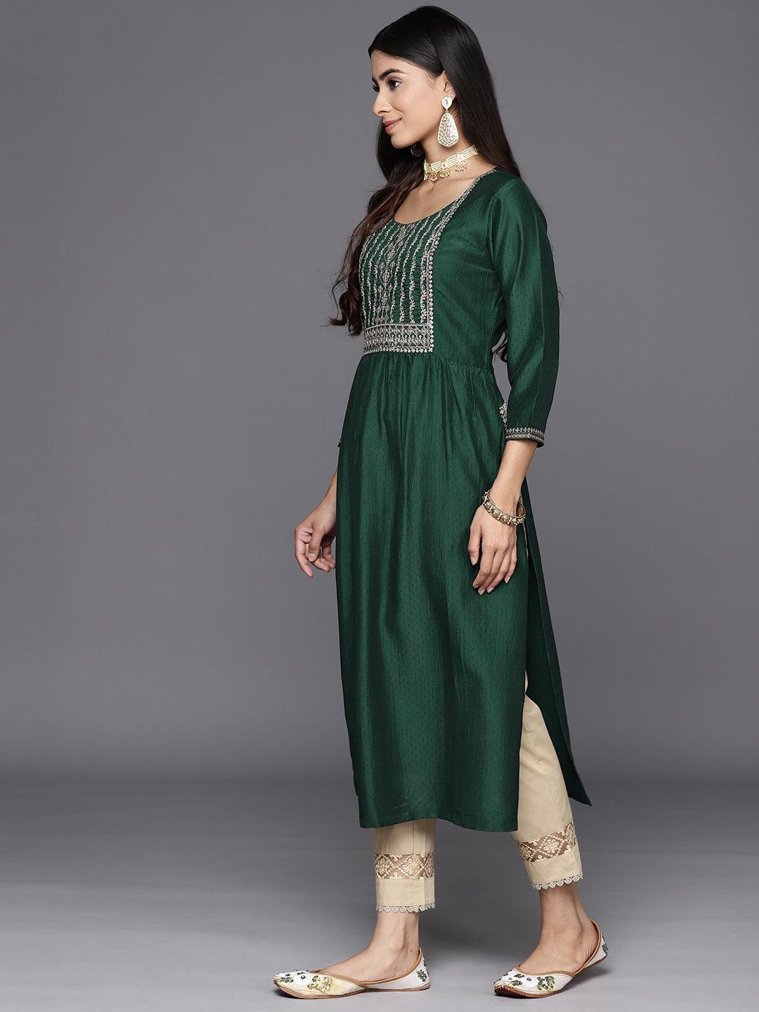 Green Yoke Design Silk A-Line Kurta