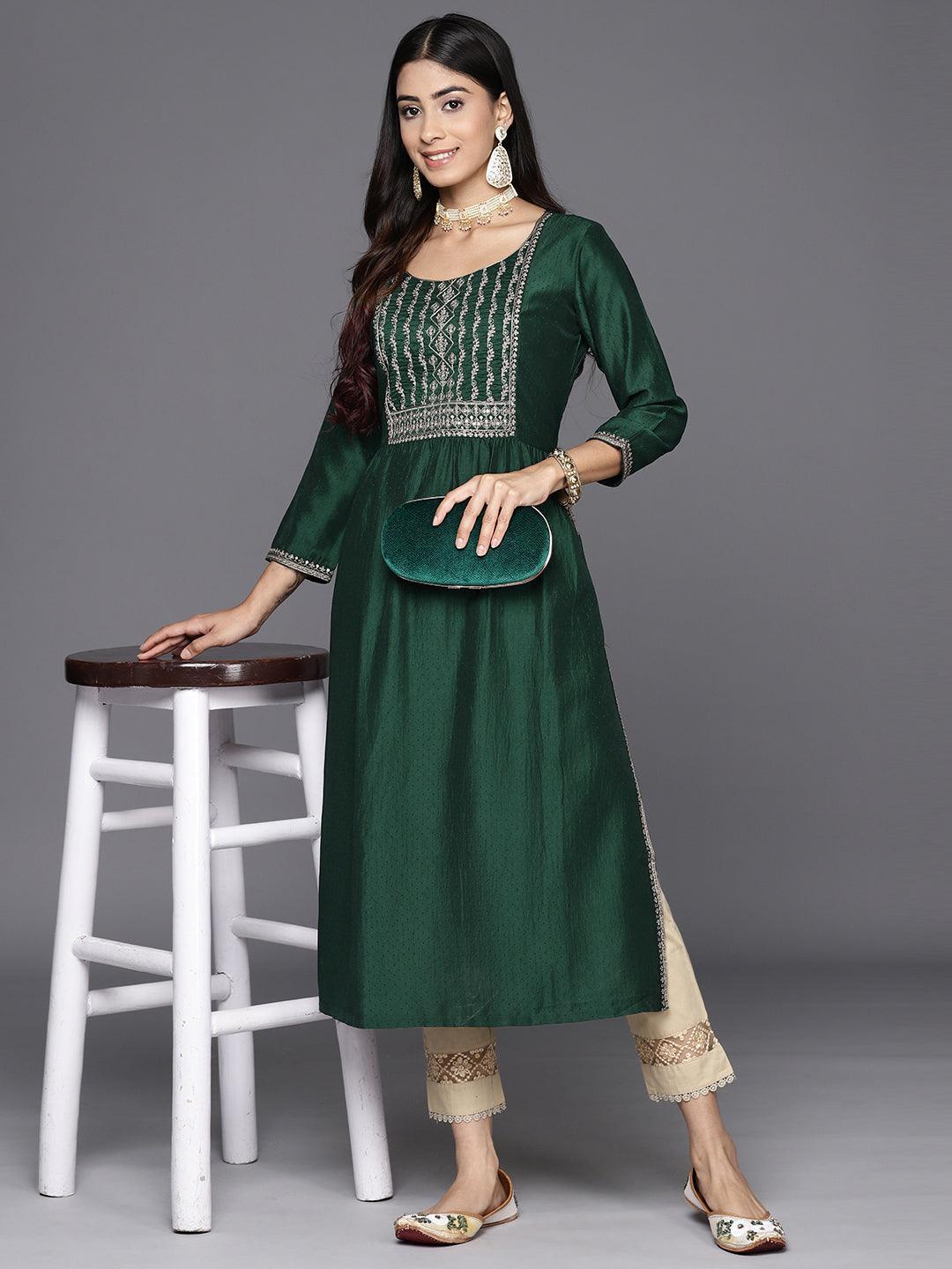 Green Yoke Design Silk A-Line Kurta