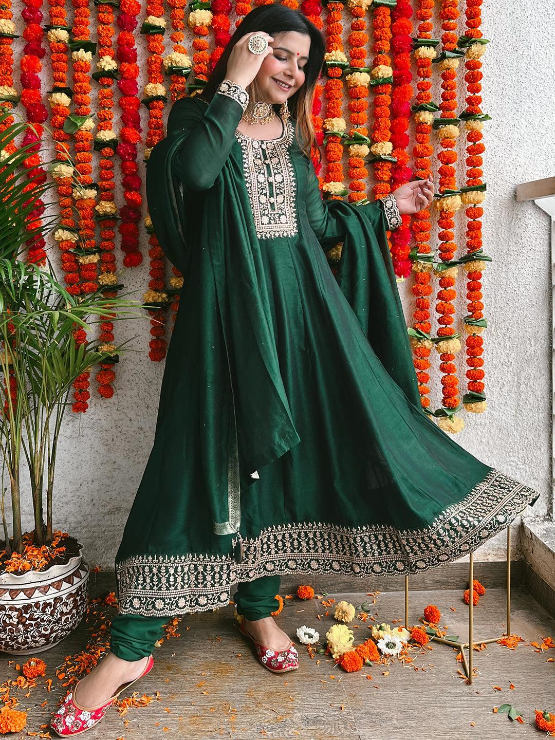 Green Yoke Design Silk Blend Anarkali Suit Set