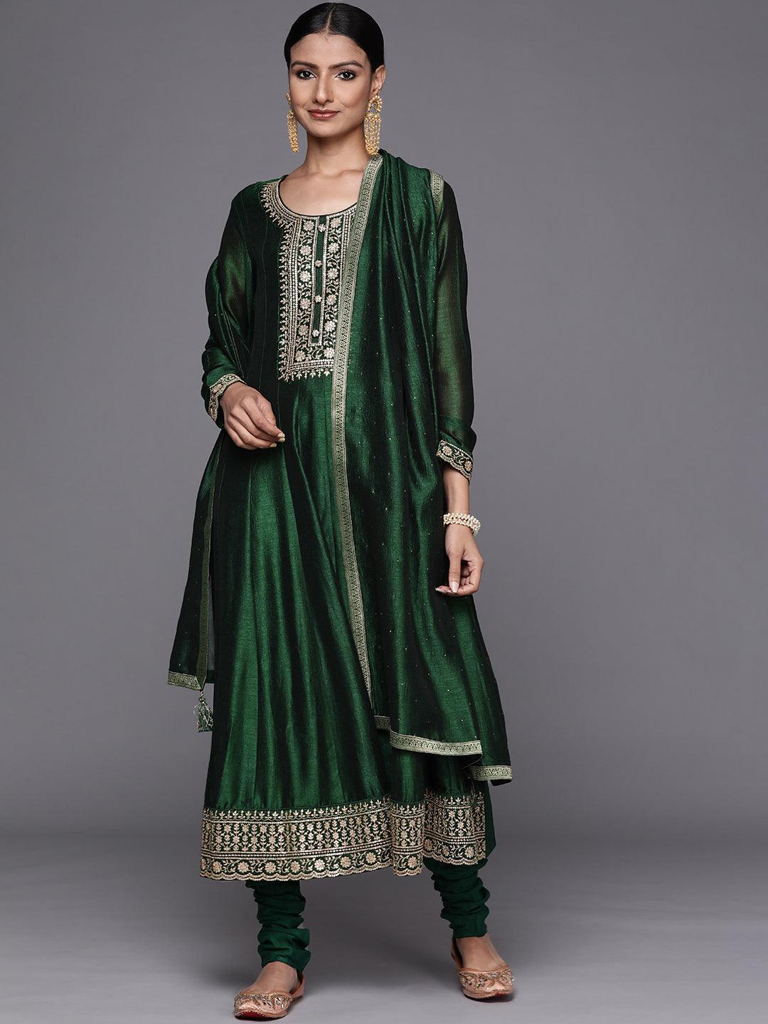 Green Yoke Design Silk Blend Anarkali Suit Set