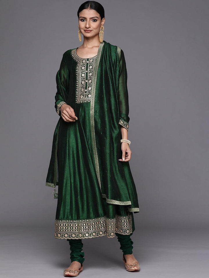 Green Yoke Design Silk Blend Anarkali Suit Set - ShopLibas