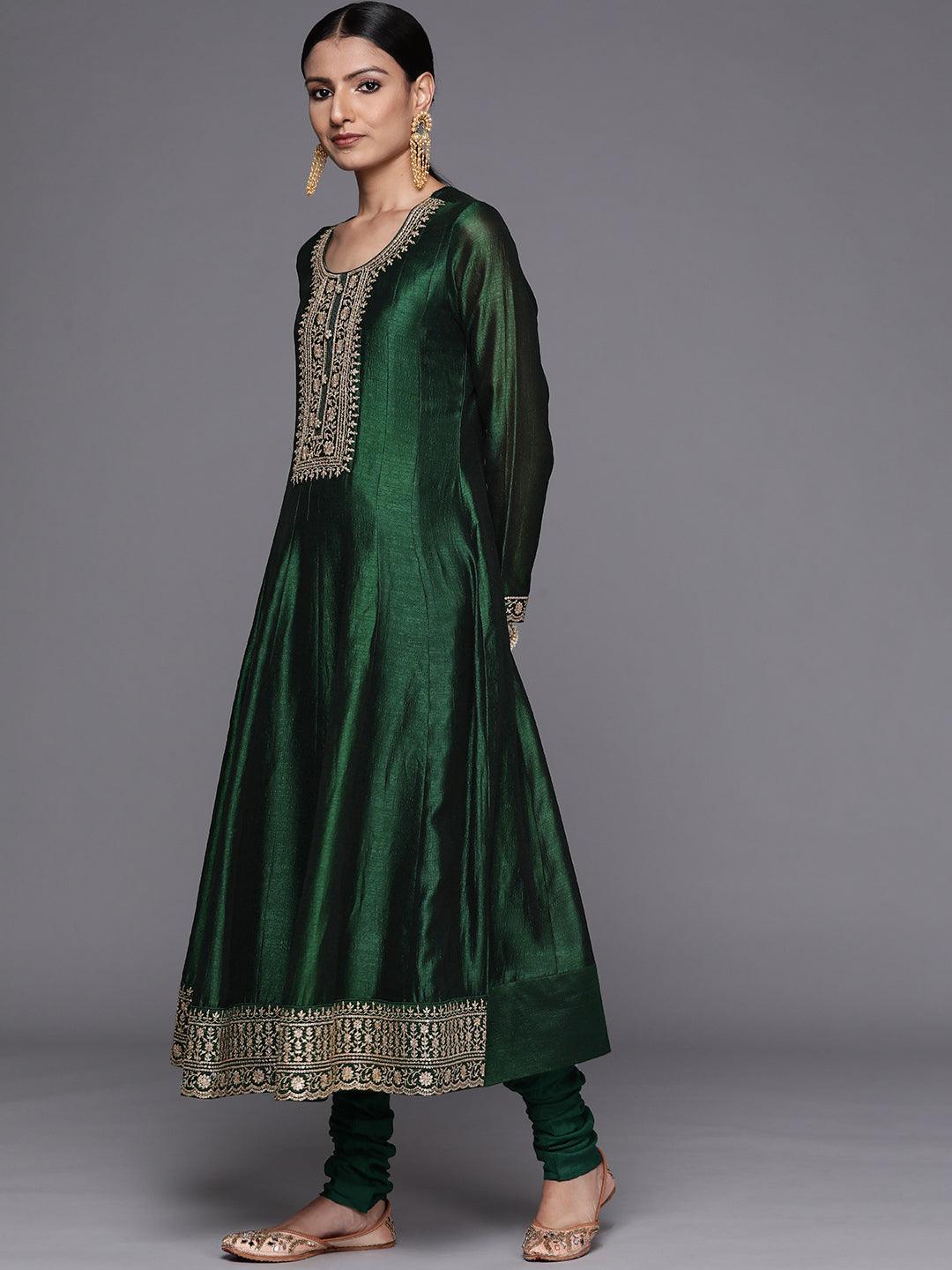 Green Yoke Design Silk Blend Anarkali Suit Set