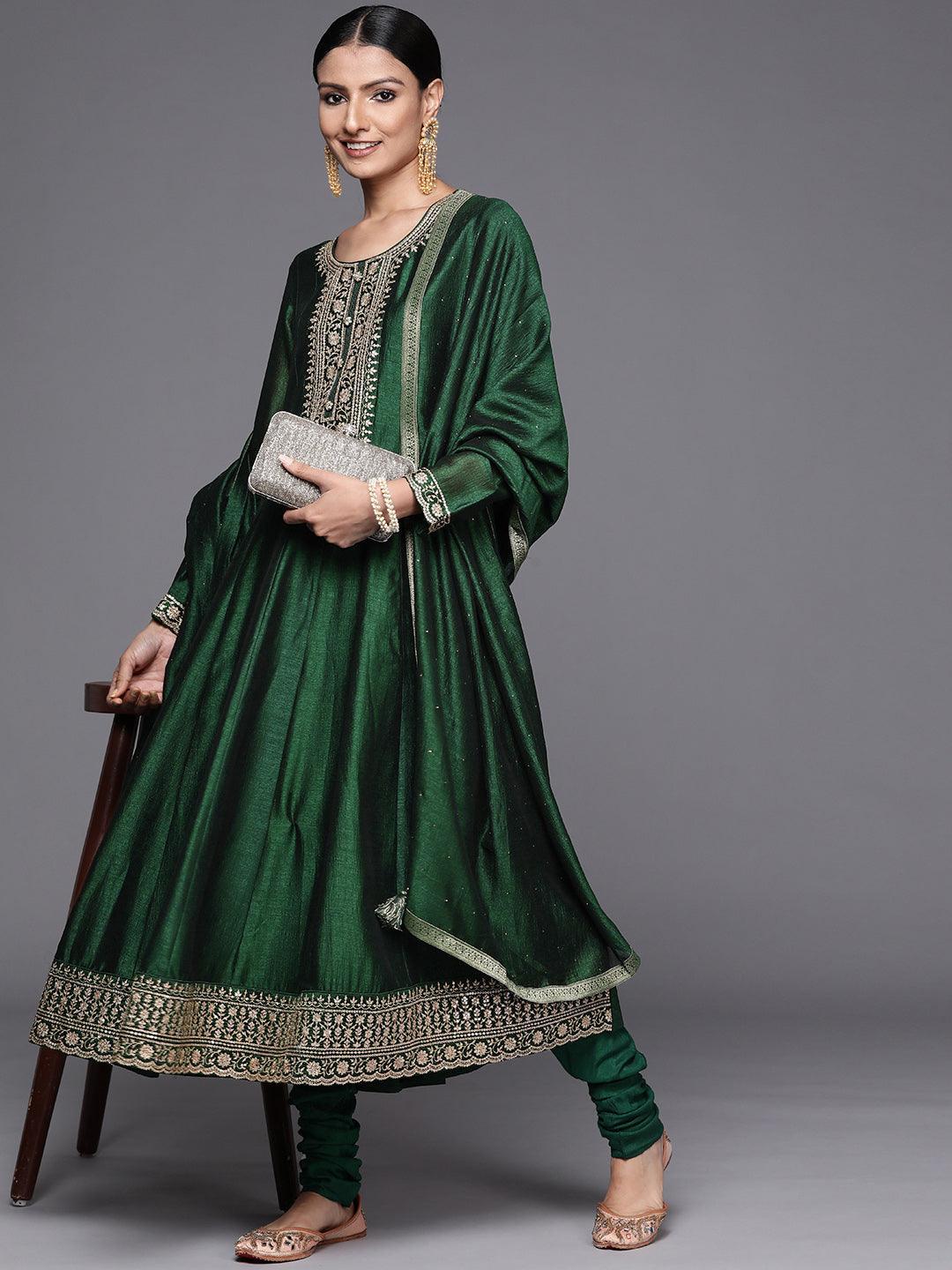 Green Yoke Design Silk Blend Anarkali Suit Set - ShopLibas