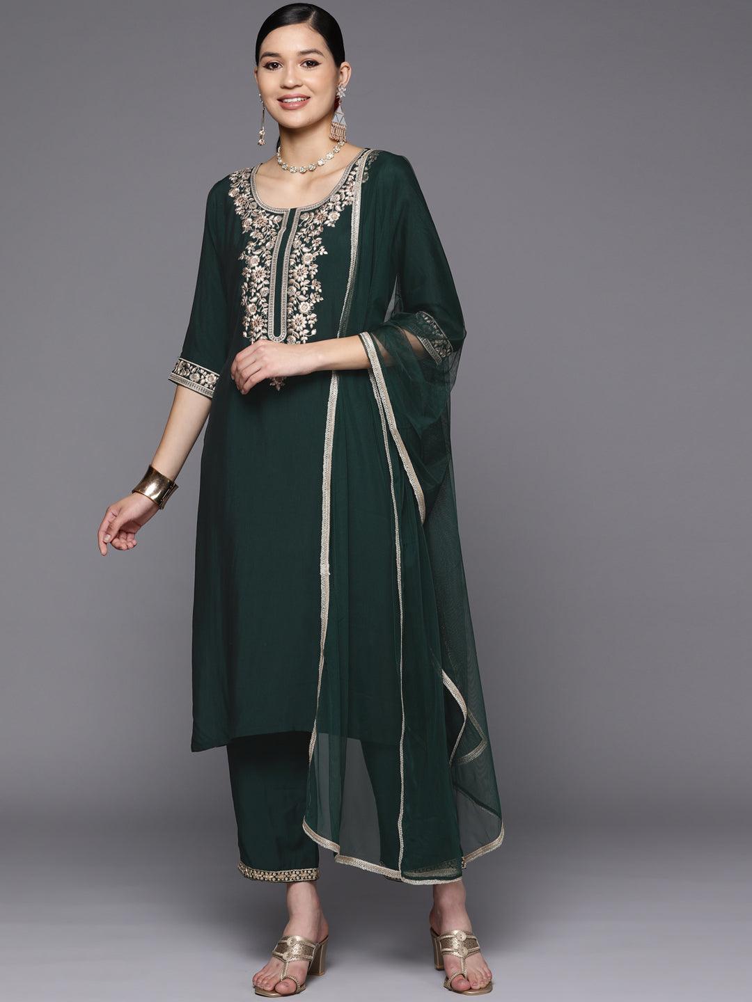 Green Yoke Design Silk Blend Straight Suit Set With Trousers - Libas