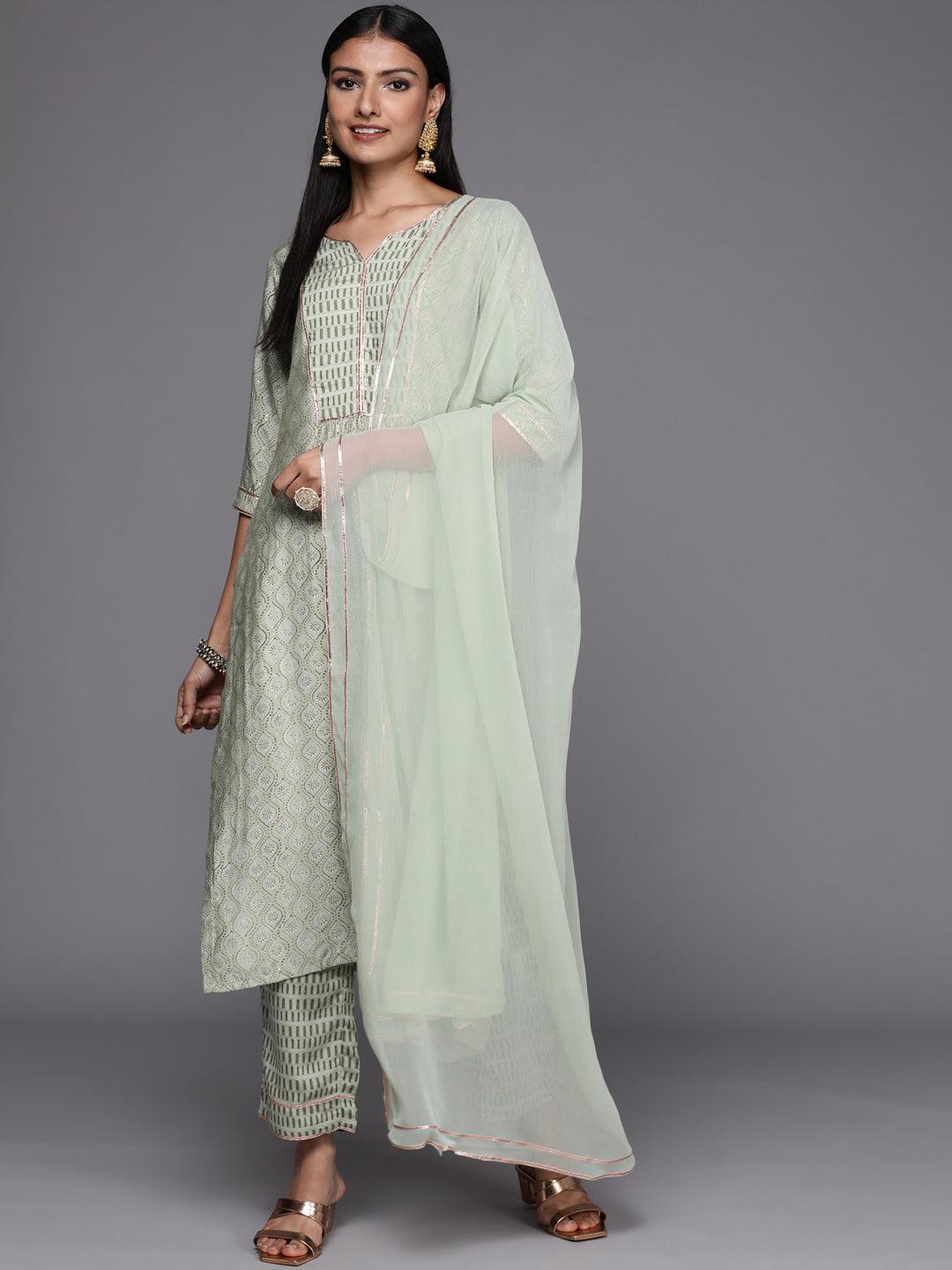 Green Yoke Design Silk Blend Straight Suit Set