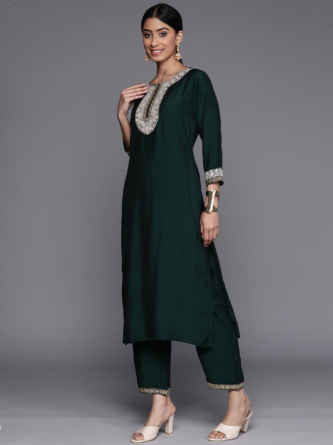 Green Embroidered Silk Blend Suit Set With Trousers - Libas