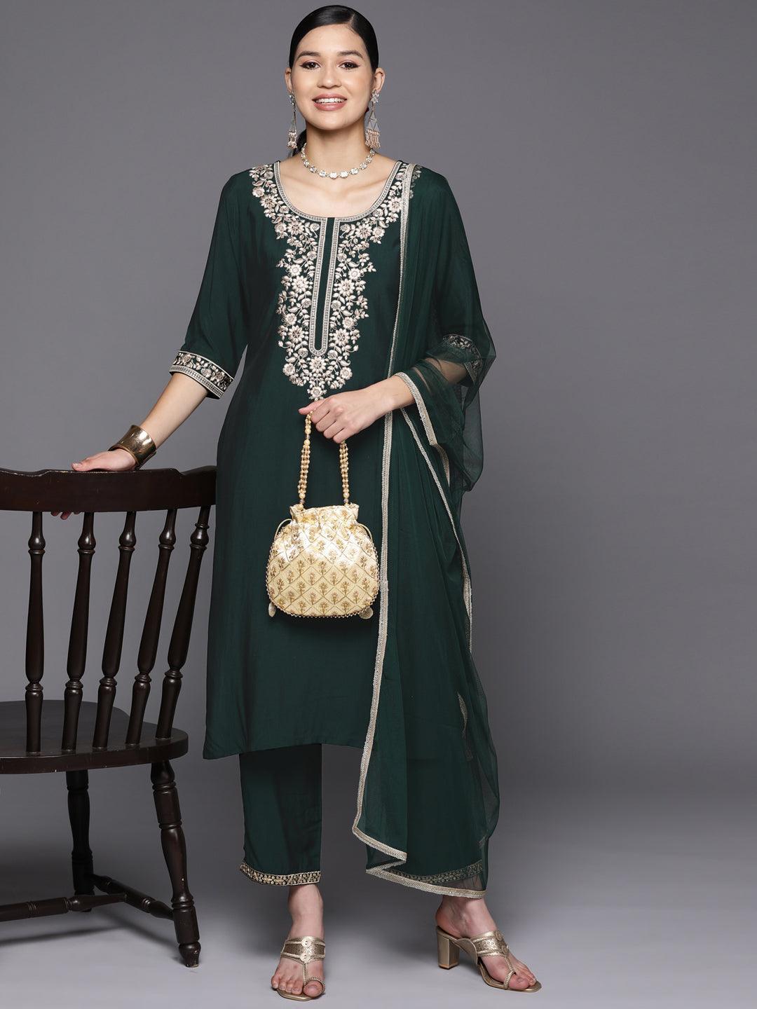 Green Yoke Design Silk Blend Straight Kurta With Dupatta