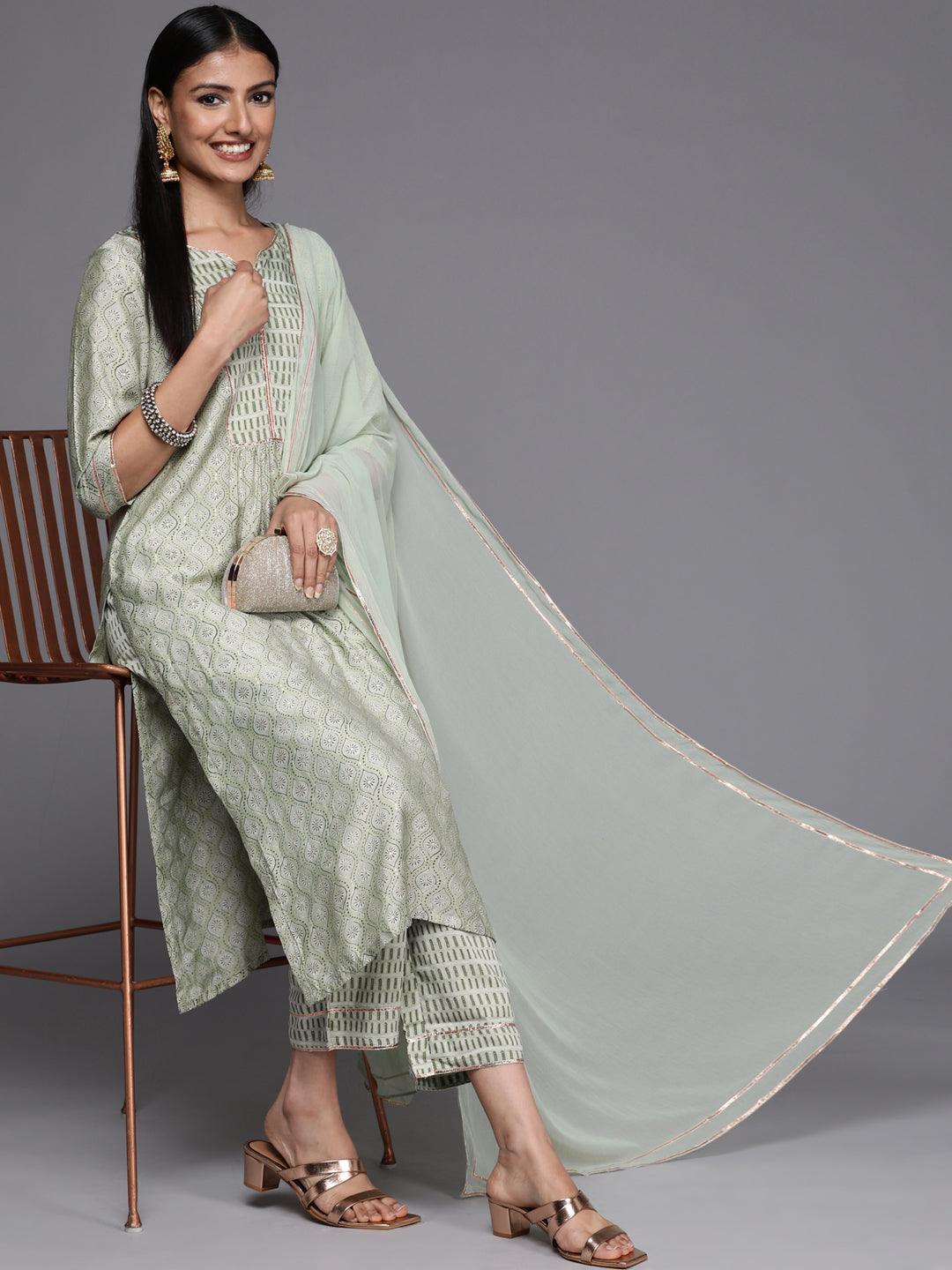 Green Yoke Design Silk Blend Straight Suit Set