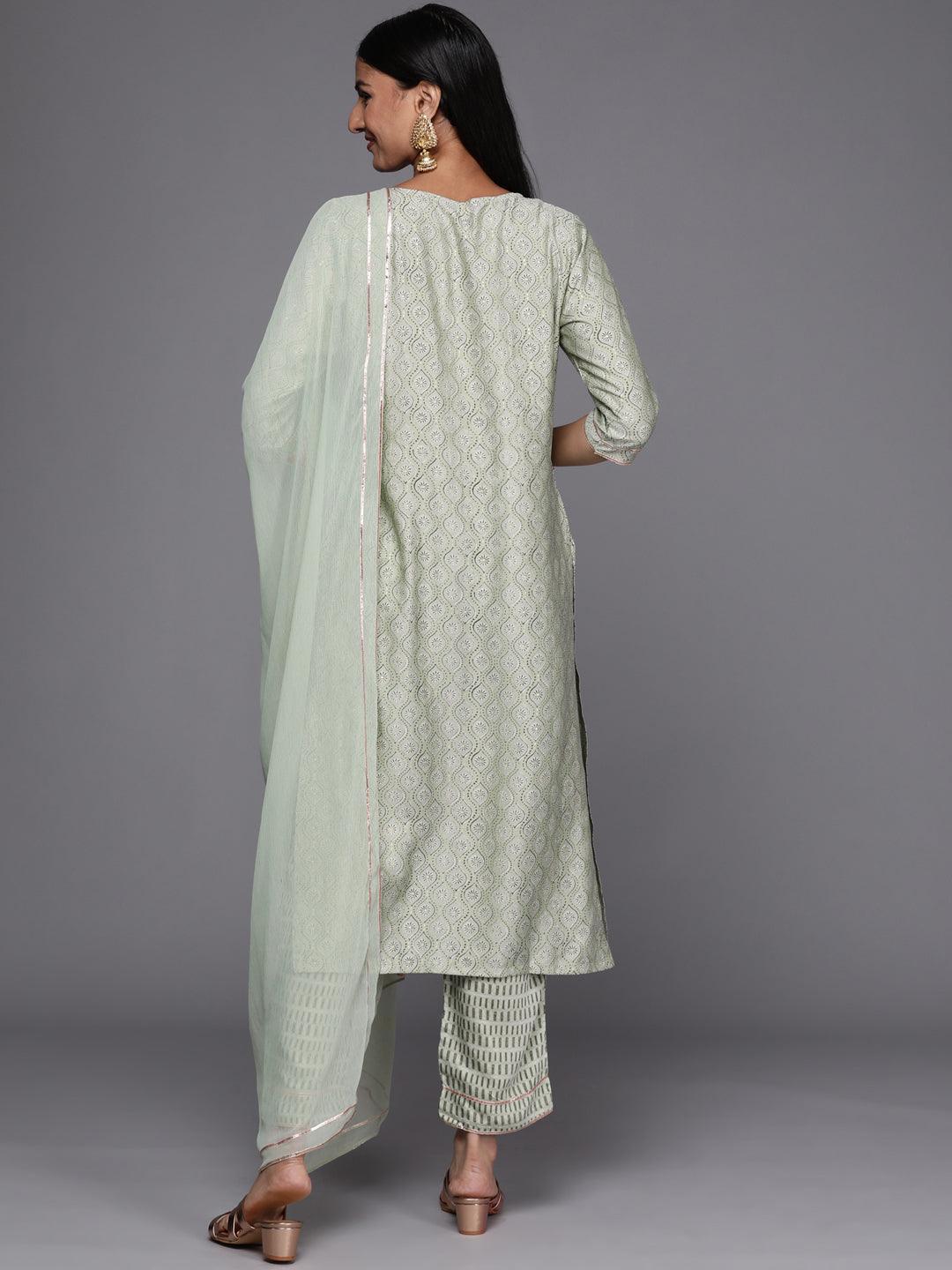 Green Yoke Design Silk Blend Straight Suit Set