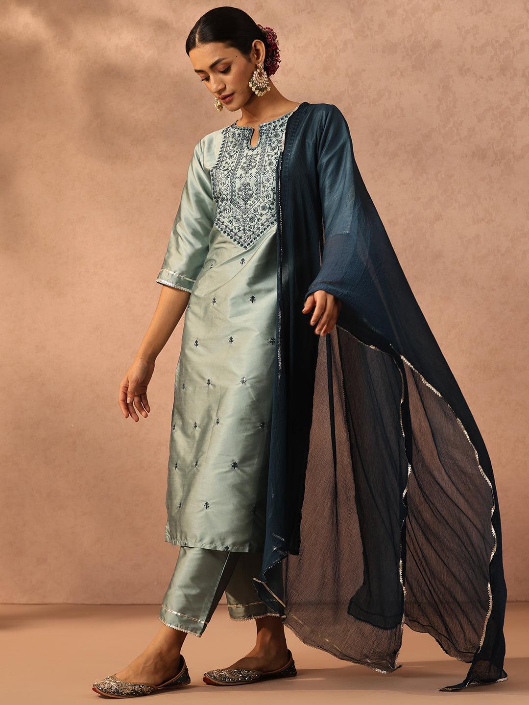 Green Yoke Design Silk Blend Suit Set With Trousers - ShopLibas