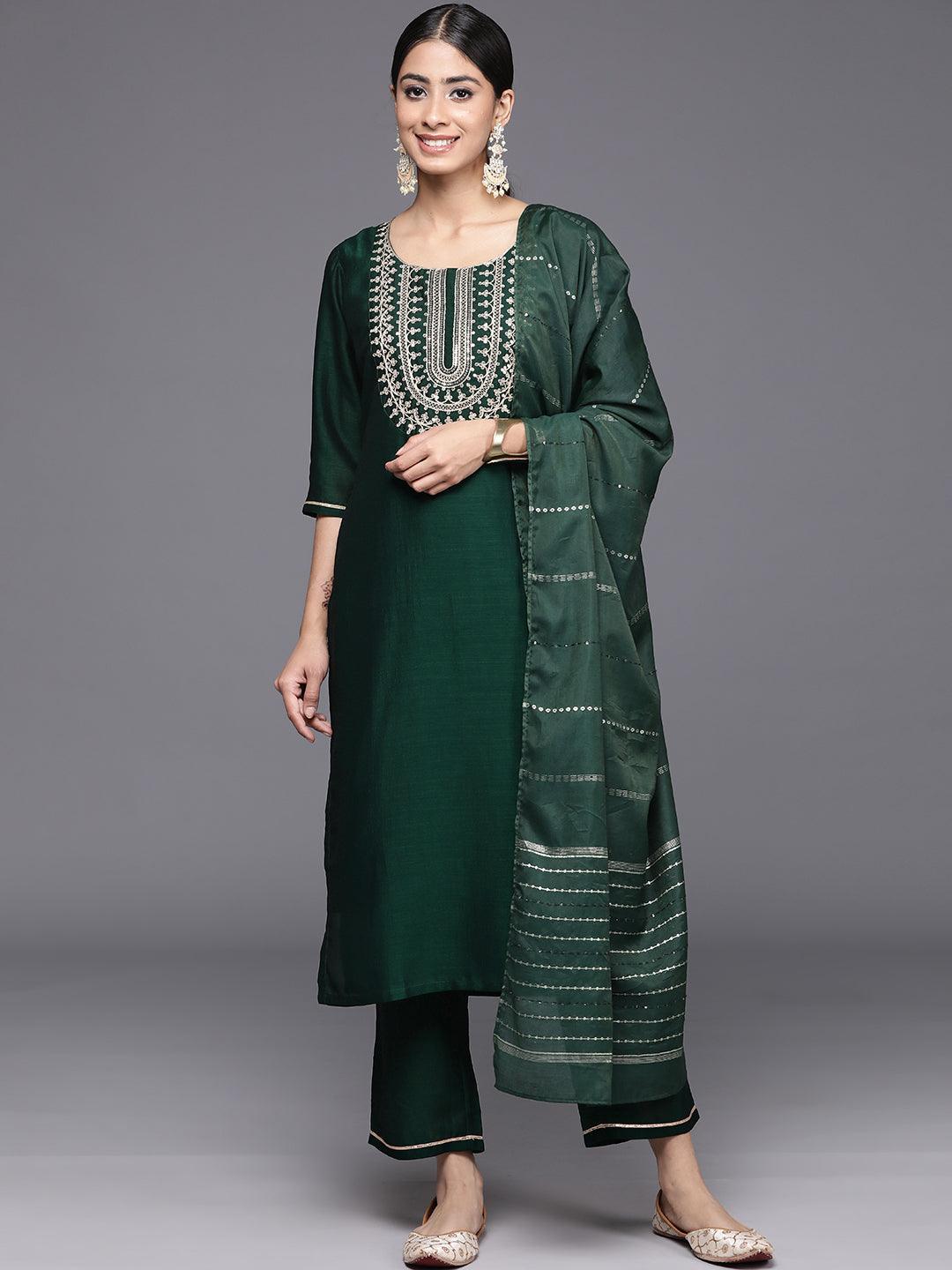 Green Yoke Design Silk Blend Straight Kurta With Trousers & Dupatta