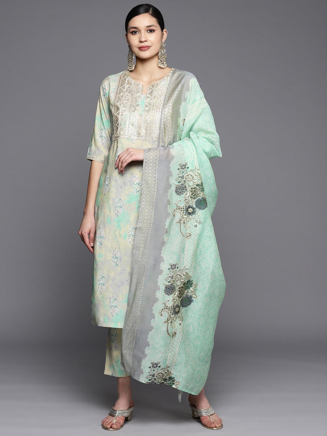 Green Yoke Design Silk Blend Straight Suit Set With Trousers