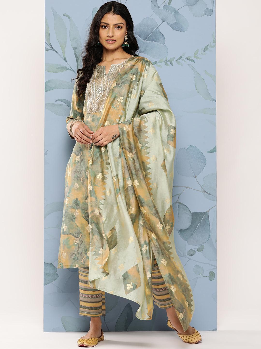 Green Yoke Design Silk Blend Straight Suit Set With Trousers - Libas