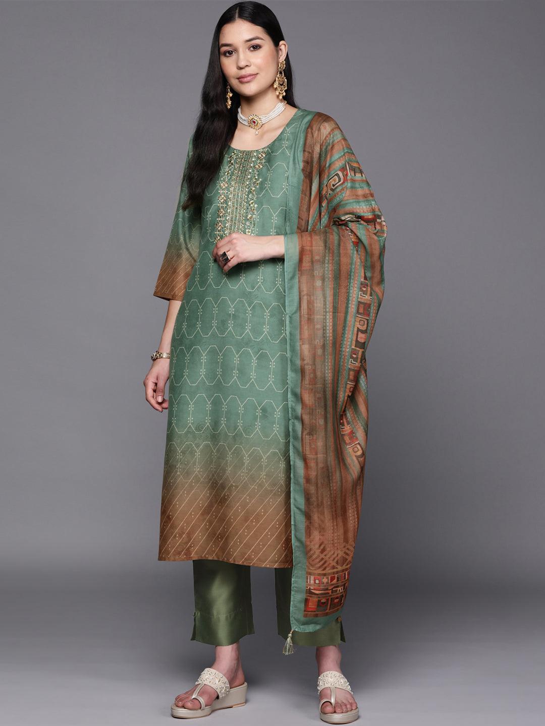 Green Yoke Design Silk Blend Suit Set With Trousers